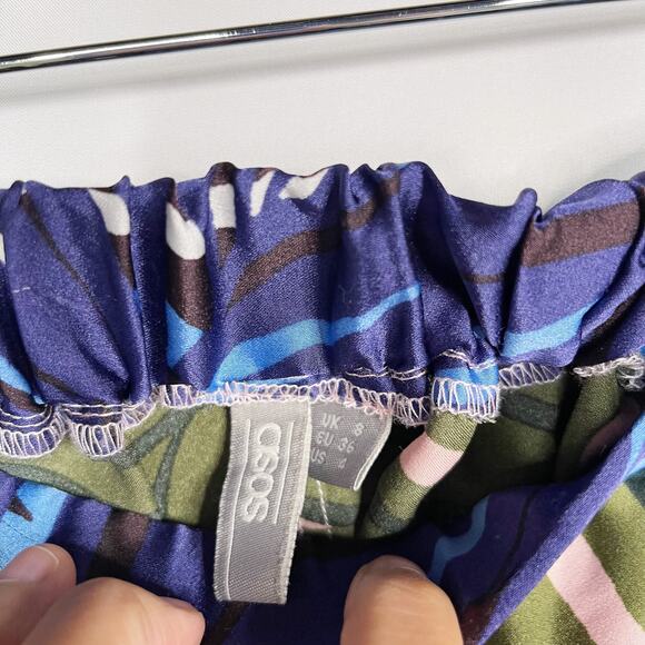 ASOS Design 4 Blue Tropical Border Print Satin Pajama Set Long Sleeve Top Pants - Picture 15 of 16